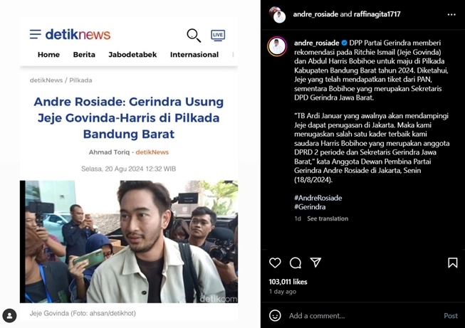 Postingan Andre Rosiade yang diserang warganet (Instagram)