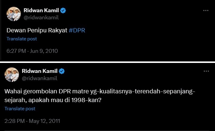 Tangkapan layar tweet lawas Ridwan Kamil ejek DPR yang dipakai di demo Kamis (22/8/2024). [X/@ridwankamil]