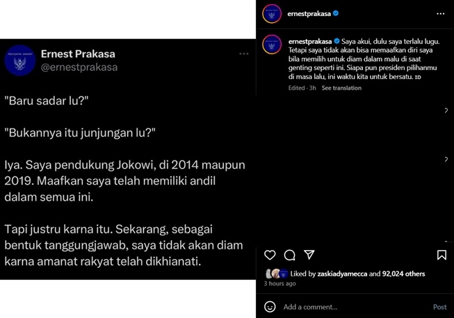 Ernest Prakasa meminta maaf kepada publik gegara pilih Jokowi (Instagram)