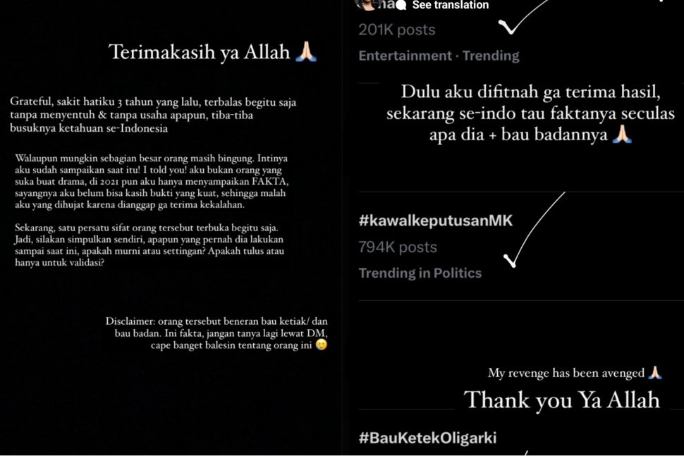 Postingan Shania Binti Mahir Hamdun Tentang Bau Badan Erina Gudono (Instagram)