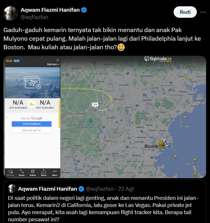 Pantauan jet pribadi Erina Gudono dan Kaesang Pangarep di Flight Radar. (x/aqfiazfan)