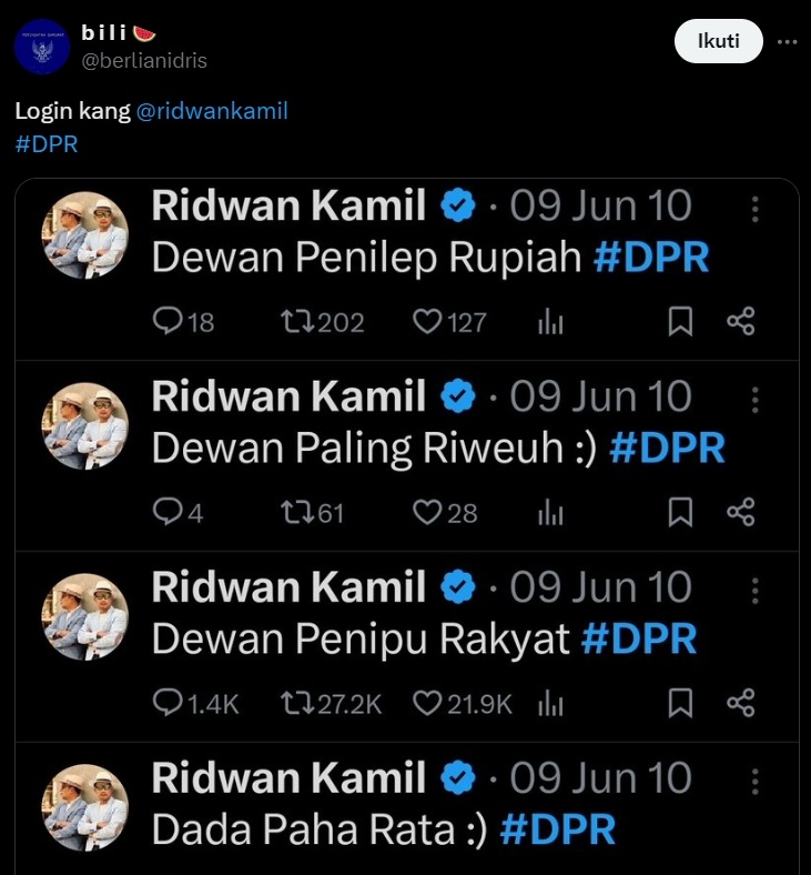 Cuitan lawas Ridwan Kamil. (x/berlianidris)