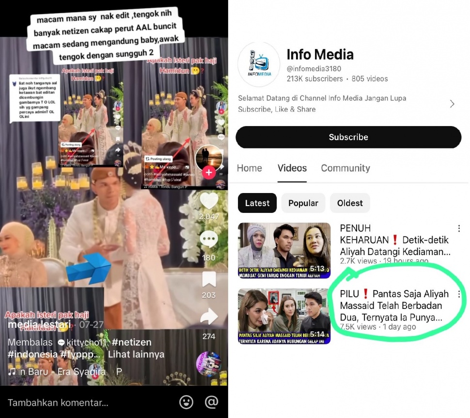 Dua akun, TikTok dan YouTube yang memberitakan Aaliyah Massaid sudah hamil sebelum nikah. [Instagram]