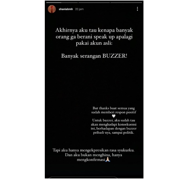 Shania Hamdun ngaku diserang buzzer Erina Gudono (Instagram)