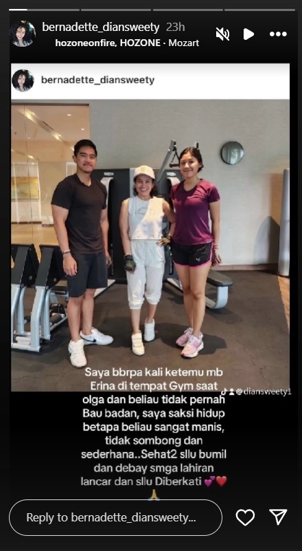 Tangkapan layar pengakuan teman gym soal bau badan Erina Gudono. (Instagram/@bernadette_diansweety)