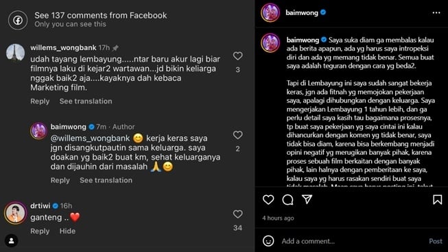 Baim Wong dituding pakai gosip keluarganya untuk promosi film (Instagram)