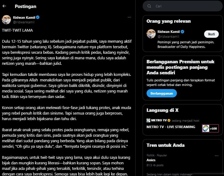 Klarfikasi dan permintaan maaf terbuka dari Ridwan Kamil atas cuitan lawasnya di akun X.  (tangkapan layar/X)