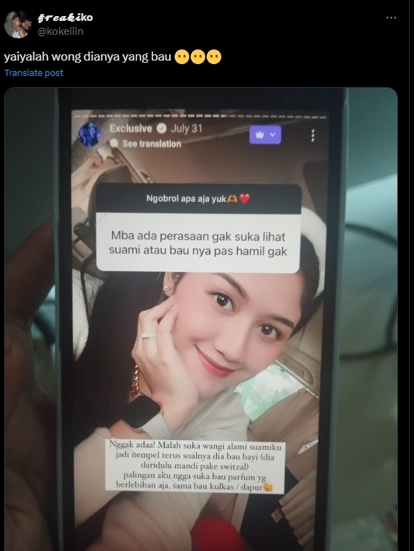 Tangkapan layar konten exclusive Erina Gudono membahas bau badan Kaesang Pangarep. (X/@kokeiiin)