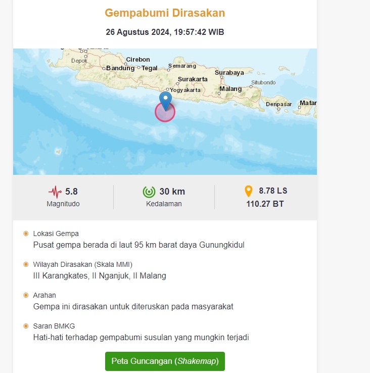 Gempa mengguncang Yogyakarta pada 26 Agustus 2024. (BMKG)