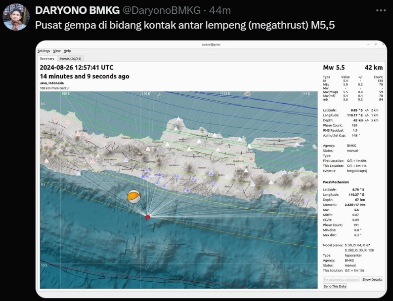 Pusat gempa Yogyakarta M 5.5. (X @DaryonoBMKG)