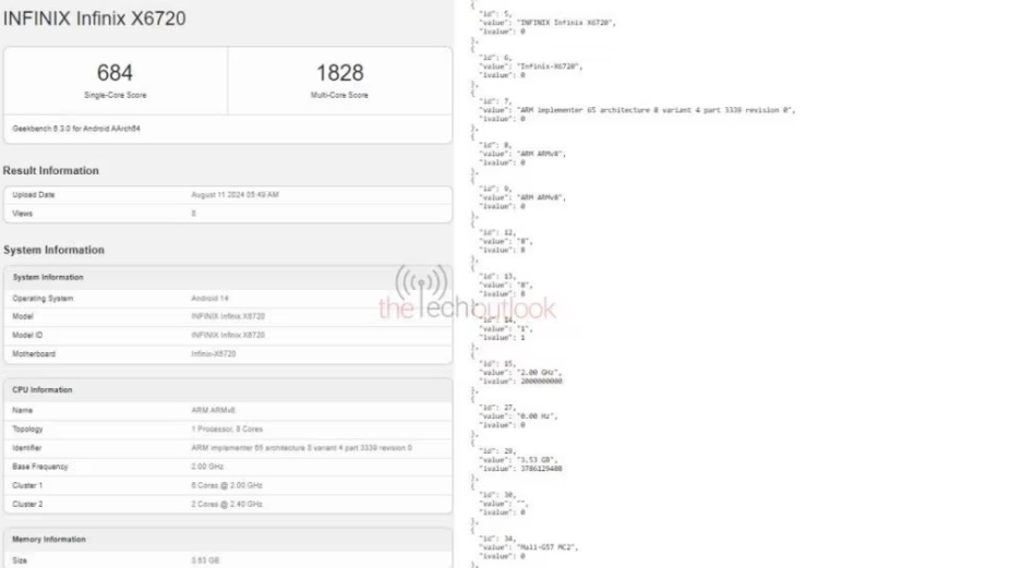 Infinix Hot 50 5G muncul di benchmark. (Geekbench via TheTechOutlook)