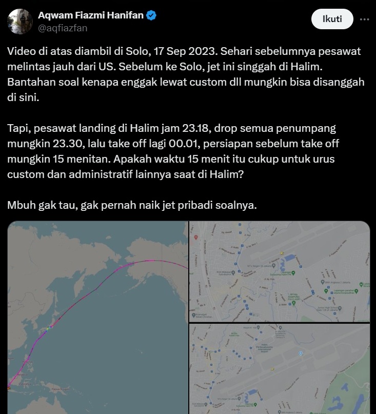 Dugaan rute jet pribadi Erina dan Kaesang di tahun 2023. (x/aqfiazfan)