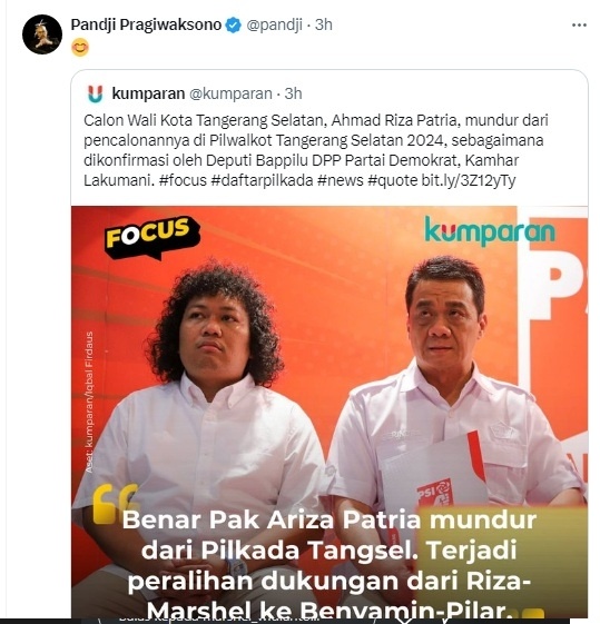 Reaksi Pandji Pragiwaksono atas mundurnya Riza Patria di Pilkada Tangsel. 