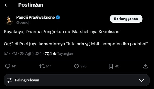 Pandji Pragiwaksono menyamakan Dharma Pongrekun dengan Marshel Widianto (X)