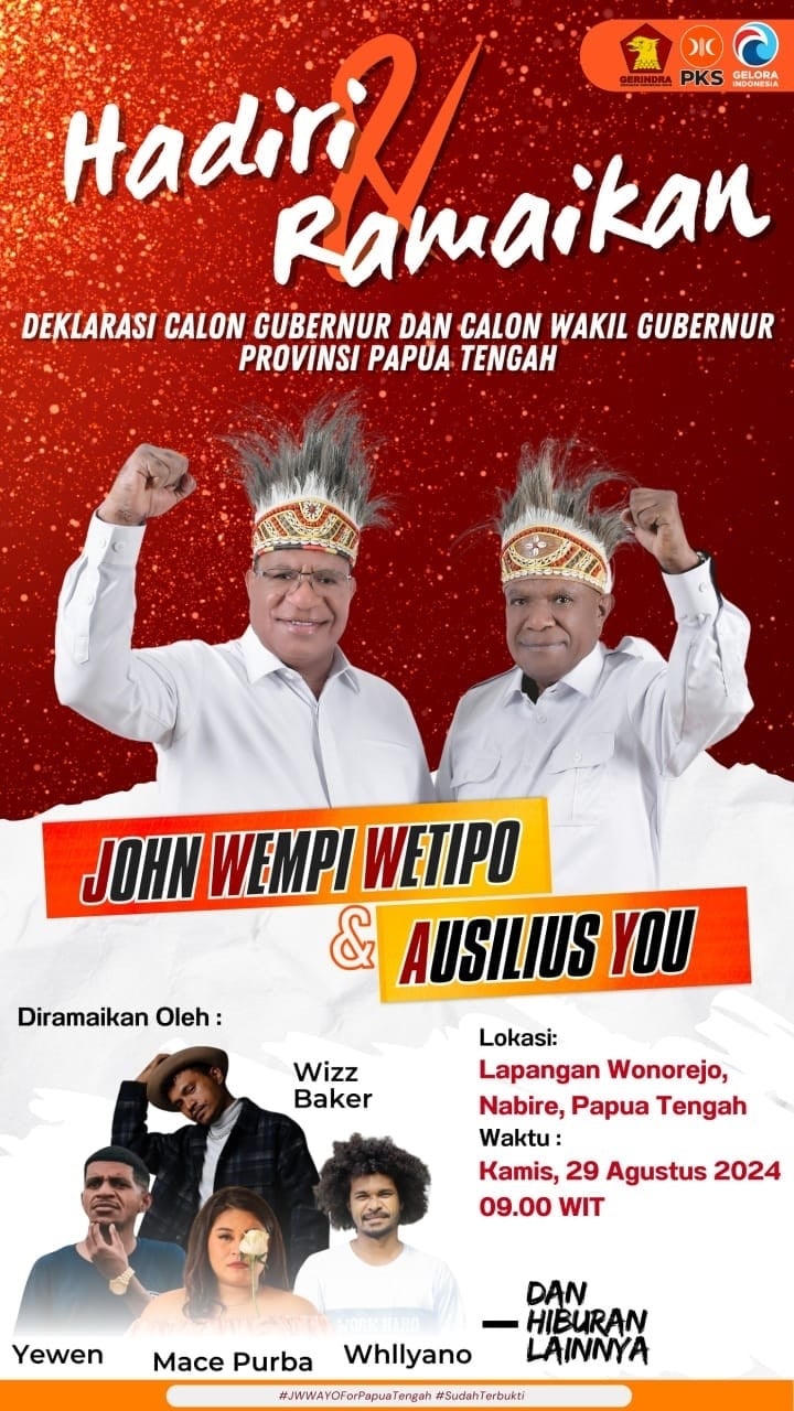 Pasangan Calon Gubernur Papua Tengah John Wempi Wetipo dan Ausilius You (JWW-AYO). (Dok: Kemendagri)