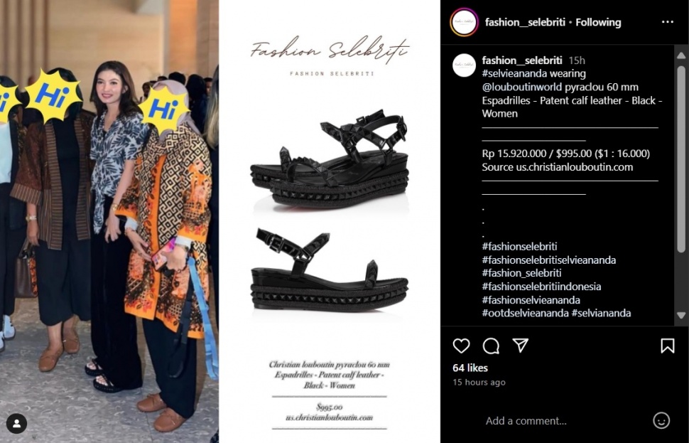 Selvi Ananda memakai sandal Christian Louboutin. (Instagram/@fashion__selebriti)