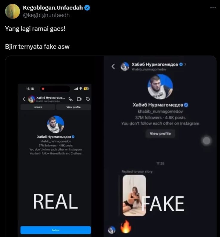 Selebgram Indonesia ngaku digoda Khabib Nurmagomedov. (x/kegblgnunfaedh)