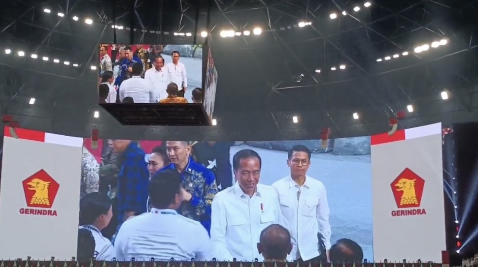 Presiden Jokowi tiba di acara penutupan Rapimnas Partai Gerindra, Sabtu (31/8/2024). [Suara.com/Dea]