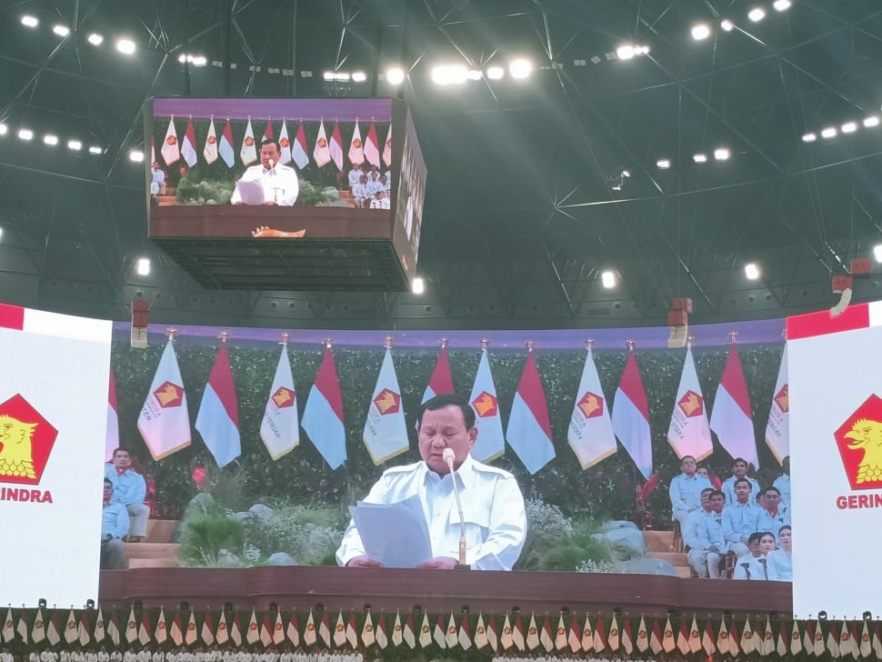 Prabowo Subianto pada Rapimnas Partai Gerindra di Indonesia Arena, Gelora Bung Karno, Senayan, Jakarta Pusat, Sabtu (31/8/2024). [Suara.com/Dea]