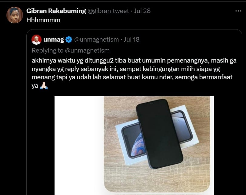 Gibran menang giveaway gambar iPhone XR. (X)