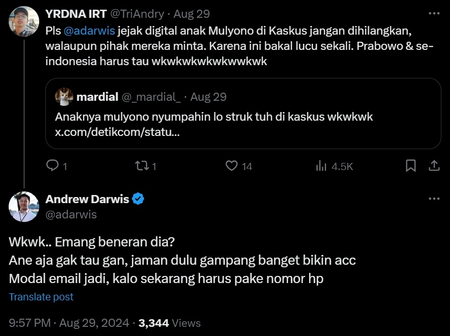 Cuitan Andrew Darwis soal akun Raka Gnarly. (Dok. Tangkapan Layar/X)