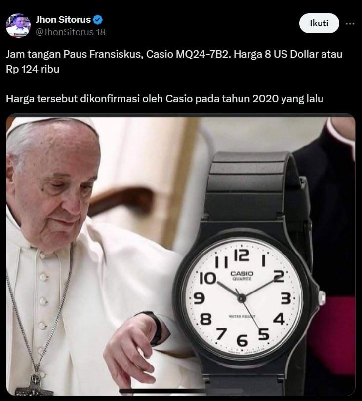 Jam tangan Paus Fransiskus. (x/JhonSitorus_18)