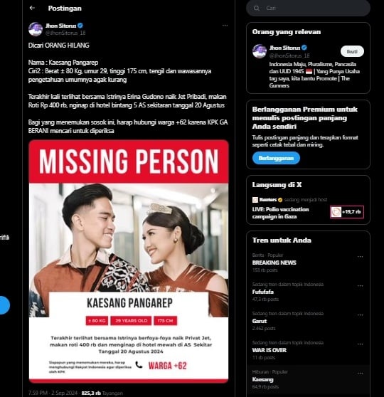 Viral poster "Dicari Orang Hilang dengan gambar Kaesang dan Erina Gudono di platform X. (tangkapan layar/X)