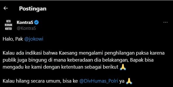 Cuitan akun KontraS sarankan Jokowi bikin laporan pengaduan usai Kaesang disebut-sebut hilang. (Tangkapan layar/X)