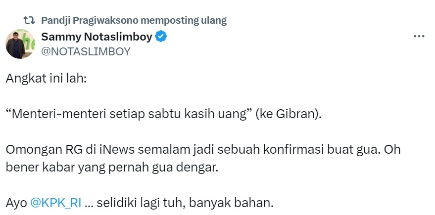 Pandji Pragiwaksono cuit ulang unggahan Sammy Notaslimboy (X)