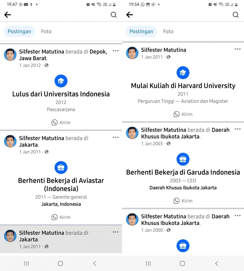 Tangkapan layar Facebook Silfester Matutina mengaku berkuliah di UI dan Harvard. (X/@gngmulyana)