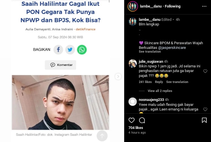 Saaih Halilintar dikabarkan gagal ikut PON karena tidak memiliki NPWP dan BPJS. (Instagram/@lambe__danu)