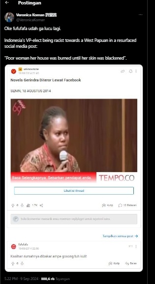 Cuitan aktivis HAM Veronica Koman yang geram dengan postingan akun Kaskus Fufufafa diduga milik Gibran karena dianggap berbau rasismen  kepada masyarakat Papua. (Tangkapan layar/X)