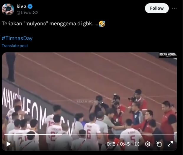 Viral teriakan kata "Mulyono' di Stadion Gelora Bung Karno saat Timnas Indonesia melawan Australia (X)