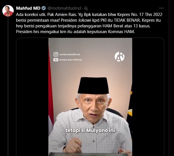 Cuitan Mahfud MD mengoreksi ucapan Amien Rais soal Keppres No 17 Tahun 2022. (tangkapan layar/ist)