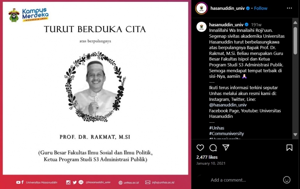 Tangkapan layar unggahan bela sungkawa atas meninggalnya ayah Fadel Islami mertua Muzdalifah. (Instagram/@hasanuddin_univ)