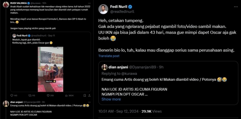 Sindiran Fedi Nuril terhadap Erick Thohir, berujung membuatnya diledek aktor figuran. (X)