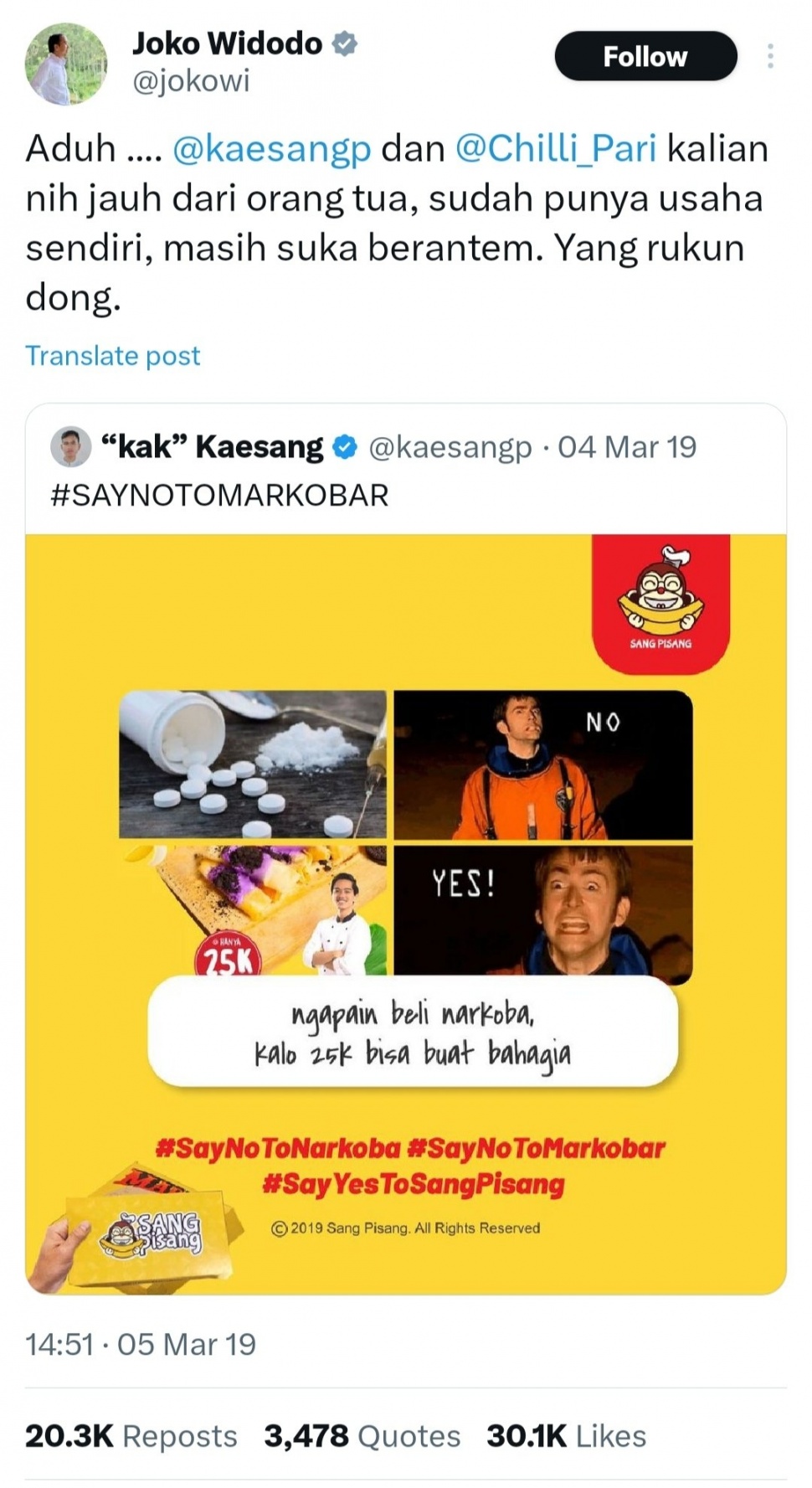 Jokowi pernah meminta pemilik akun @/Chilli_Pari rukun dengan Kaesang Pangarep. (X/@ARSIPAJA)