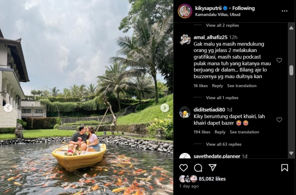 Tangkapan layar postingan liburan Kiky Saputri dan Muhammad Khairi. (Instagram/@kikysaputrii)