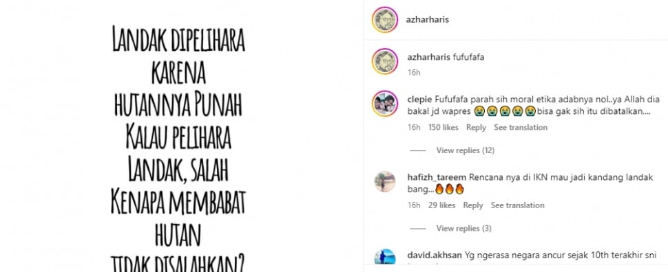 Postingan Haris Azhar yang menyoroti soal penahanan terhadap warga pemelihara landak. (tangkapan layar/Instagram)