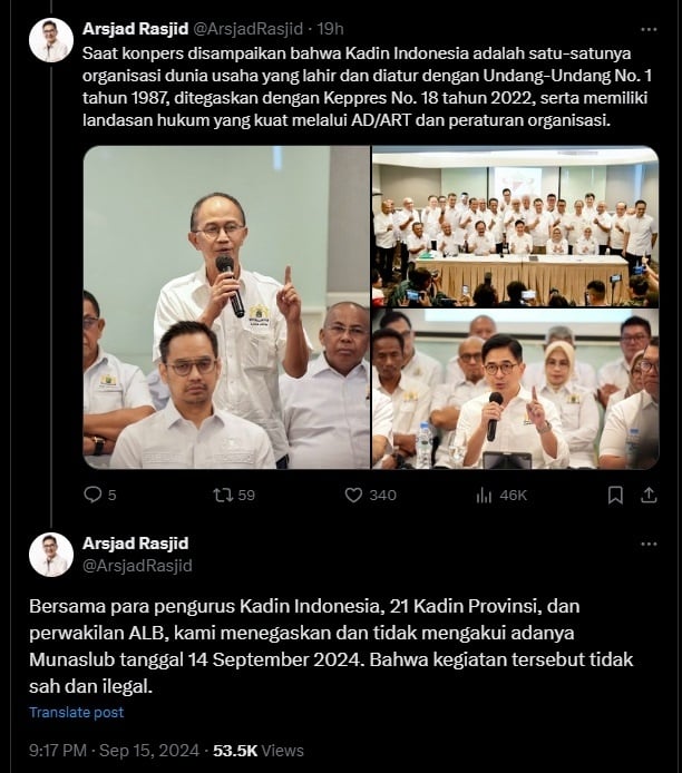 Tangkapan layar tanggapan Arsjad Rasjid soal Munaslub (14/9/2024) yang menjadikan Anindya Bakrie Ketum Kadin. (X/@ArsjadRasjid)