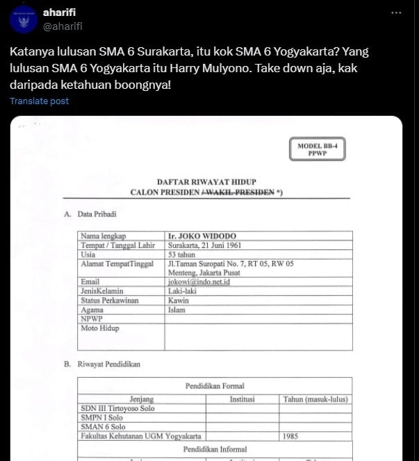 Tangkapan layar warganet mempermasalahkan almamater SMA Jokowi. (X/@aharifi)