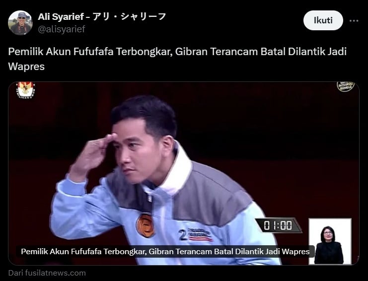 Netizen tanggapi cuitan Gibran Rakabuming batal dilantik. (x/alisyarief)