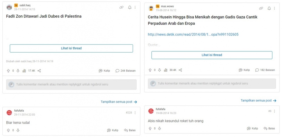 Tangkapan layar komentar akun @/fufufafa terhadap Palestina. (X/@kiqi01)
