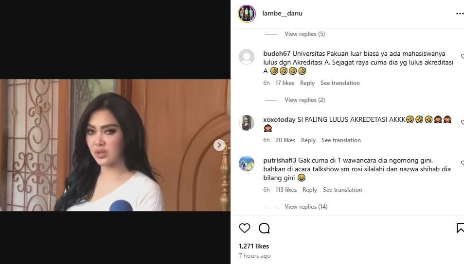 Syahrini klaim skripsinya mendapat akreditasi A (Instagram/@lambe__danu)