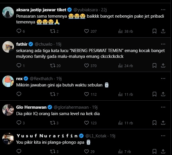 Komentar cibiran netizen soal ucapan Kaesang Pangarep yang mengaku nebeng jet pribadi temannya. (tangkapan layar/X)