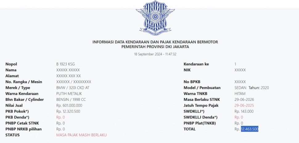 Plat nomor mobil Kaesang. (Samsat DKI Jakarta)