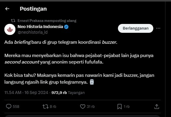 Postingan ulang Ernest Prakasa tentang buzzer (X)