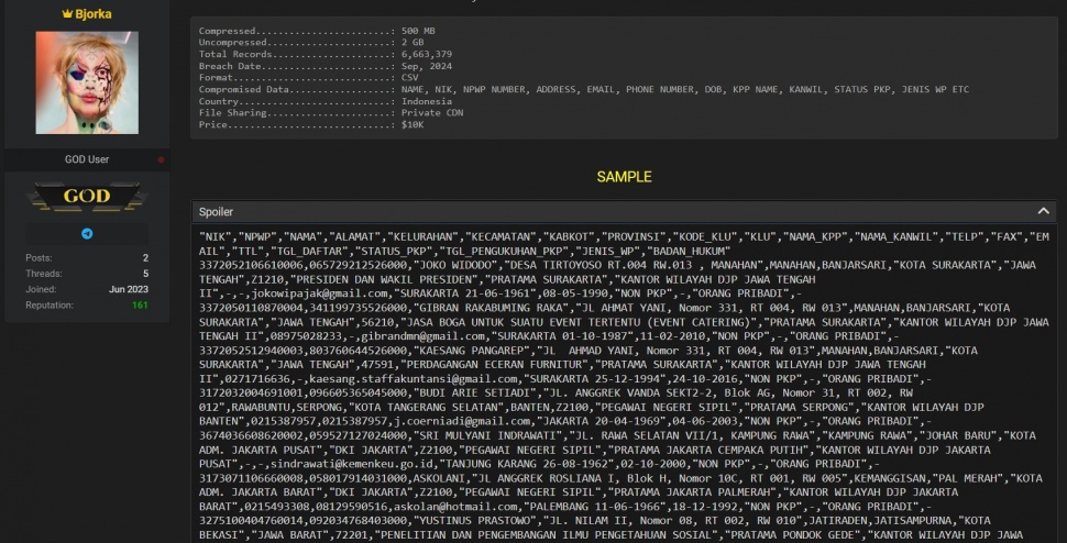 Hacker Bjorka diduga bocorkan data pajak. (Breachforum.st)