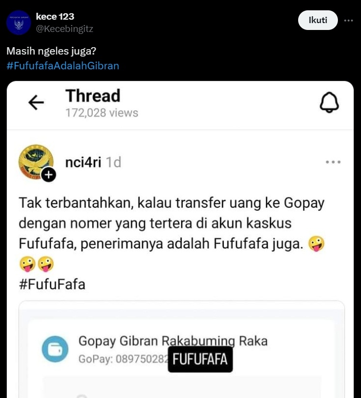 Netizen iseng kirim saldo e-wallet ke nomor HP Fufufafa. (x/Kecebingitz)