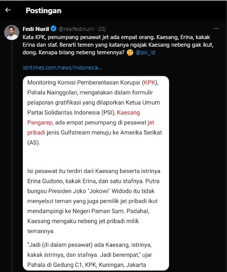 Cuitan Fedi Nuril saat mempertanyakan kepada akun resmi PSI soal jumlah penumpang pesawat jet yang ditumpangi Kaesang Pangarep. (Tangkapan layar/X)